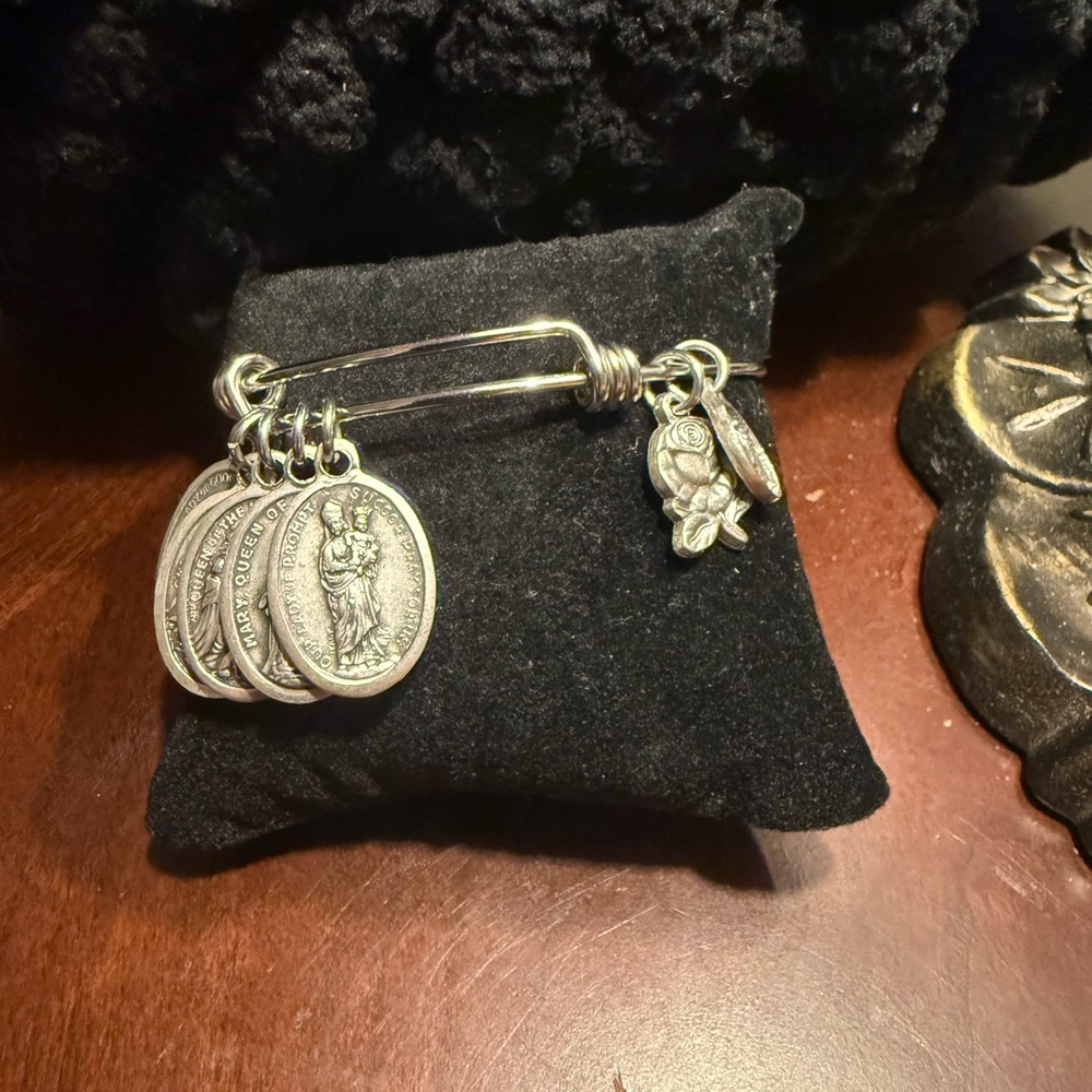 Silver Charm Expandable Bangle Bracelet with Religious Medals